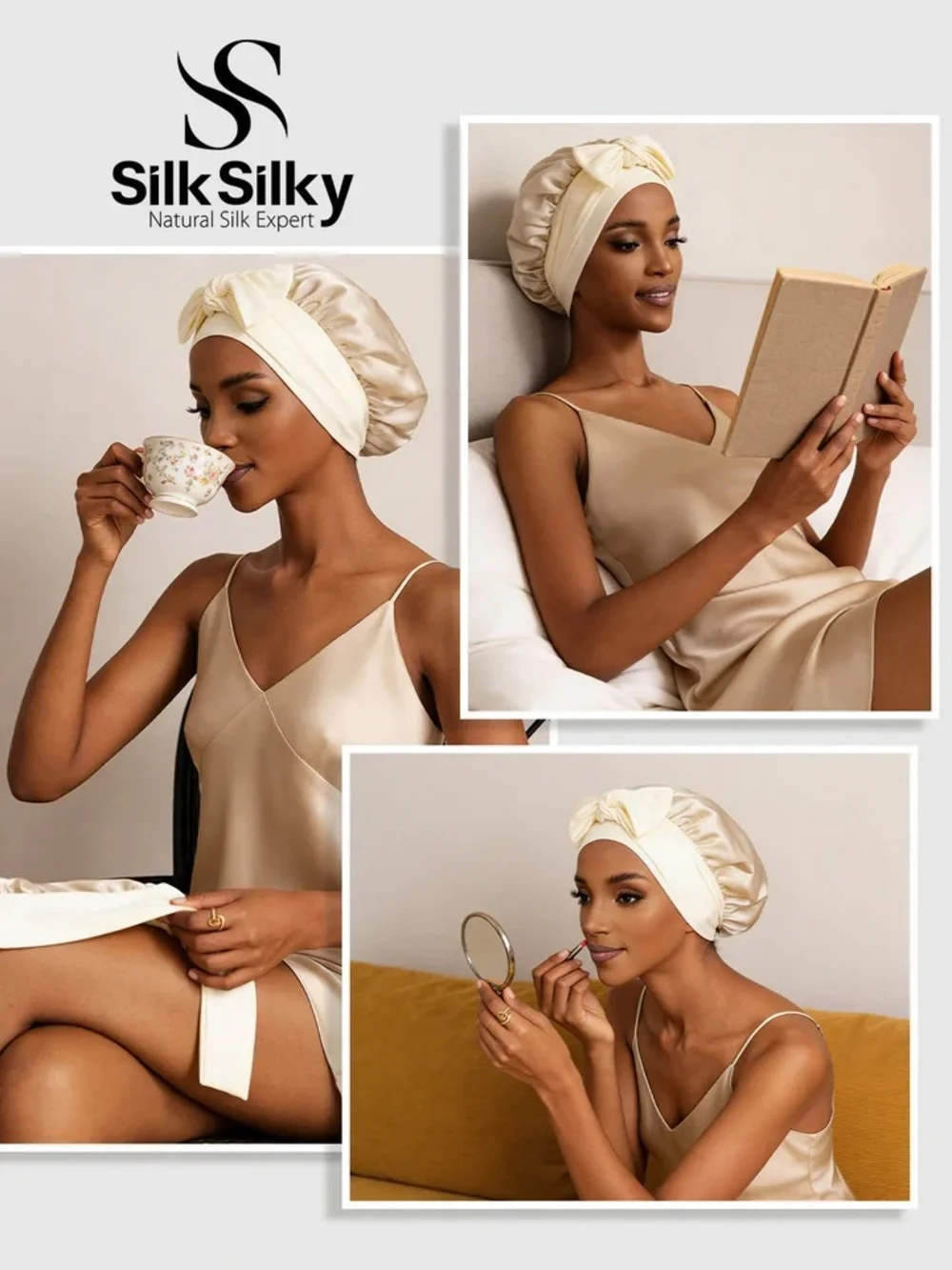 NWT SILKSILKY 100% Mulberry Silk Bonnet Champagne Long Ribbons